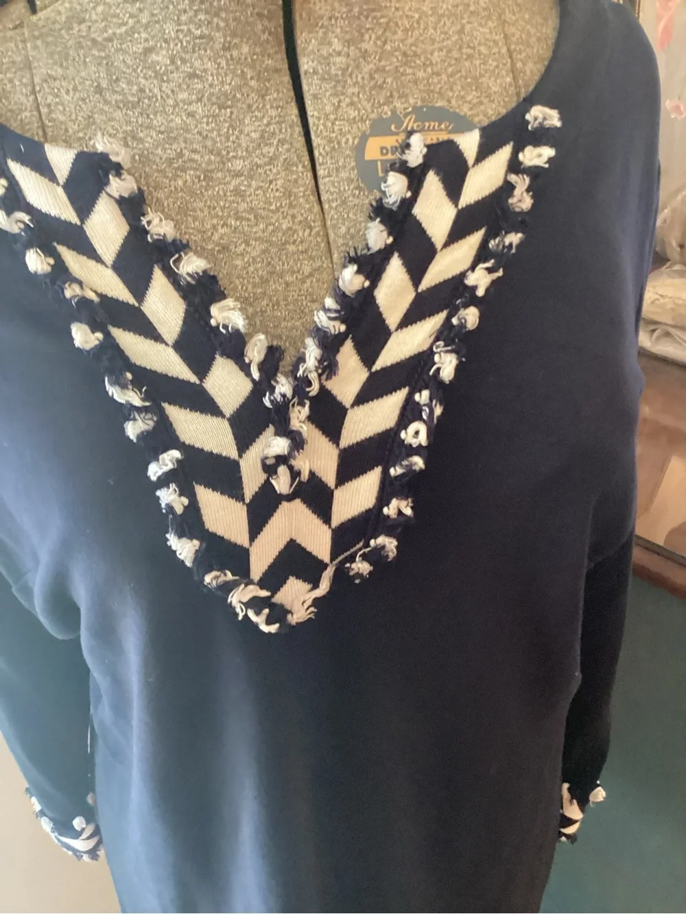 crown & ivy Navy Long-Sleeve Tunic Dress with White Chevron Trim